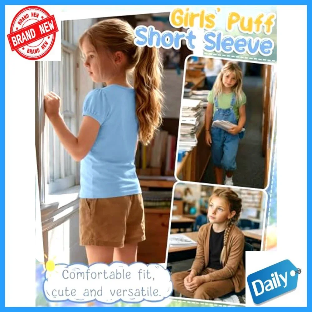 Girls' 3-Pack Puff Sleeve Tees Crew Neck Fitted Tops 5-14 Years